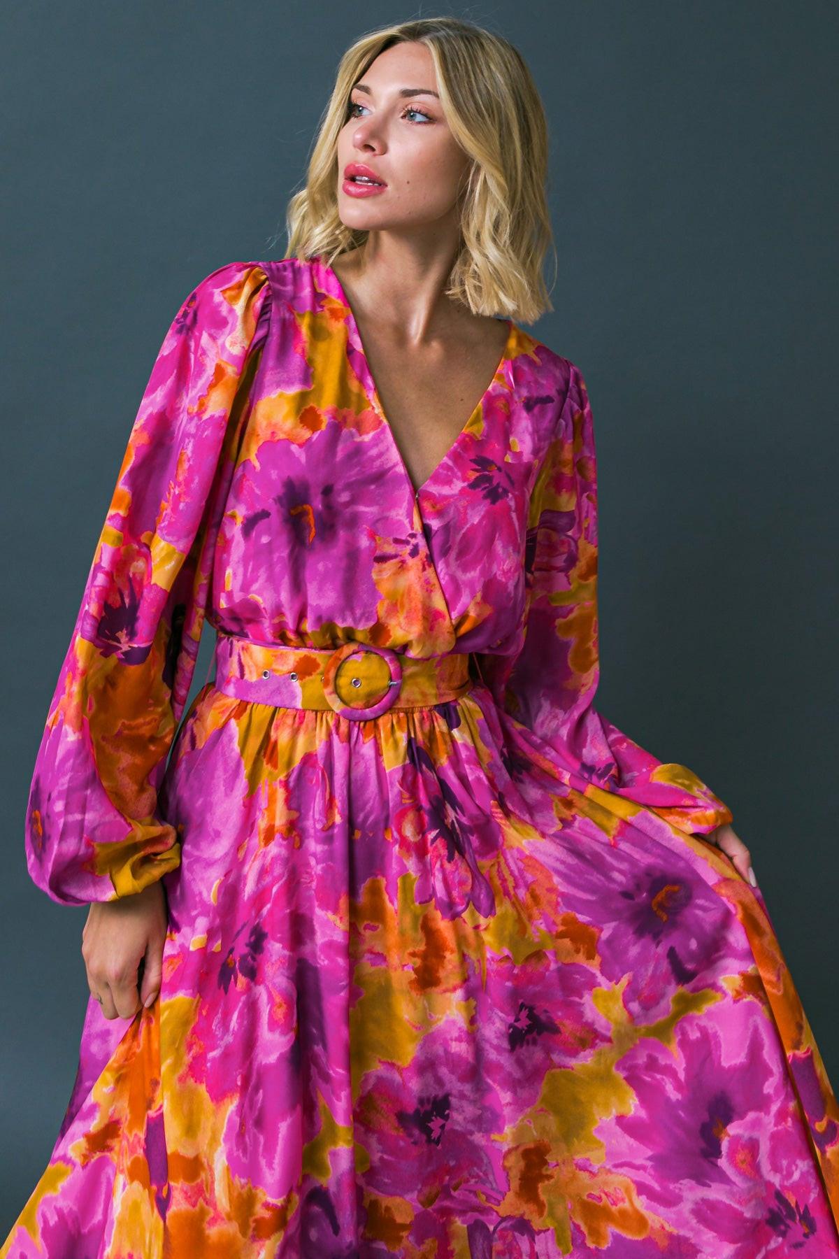 Just Watch Me Printed Woven Midi Dress With Surplice Neckline And Puff Sleeves
