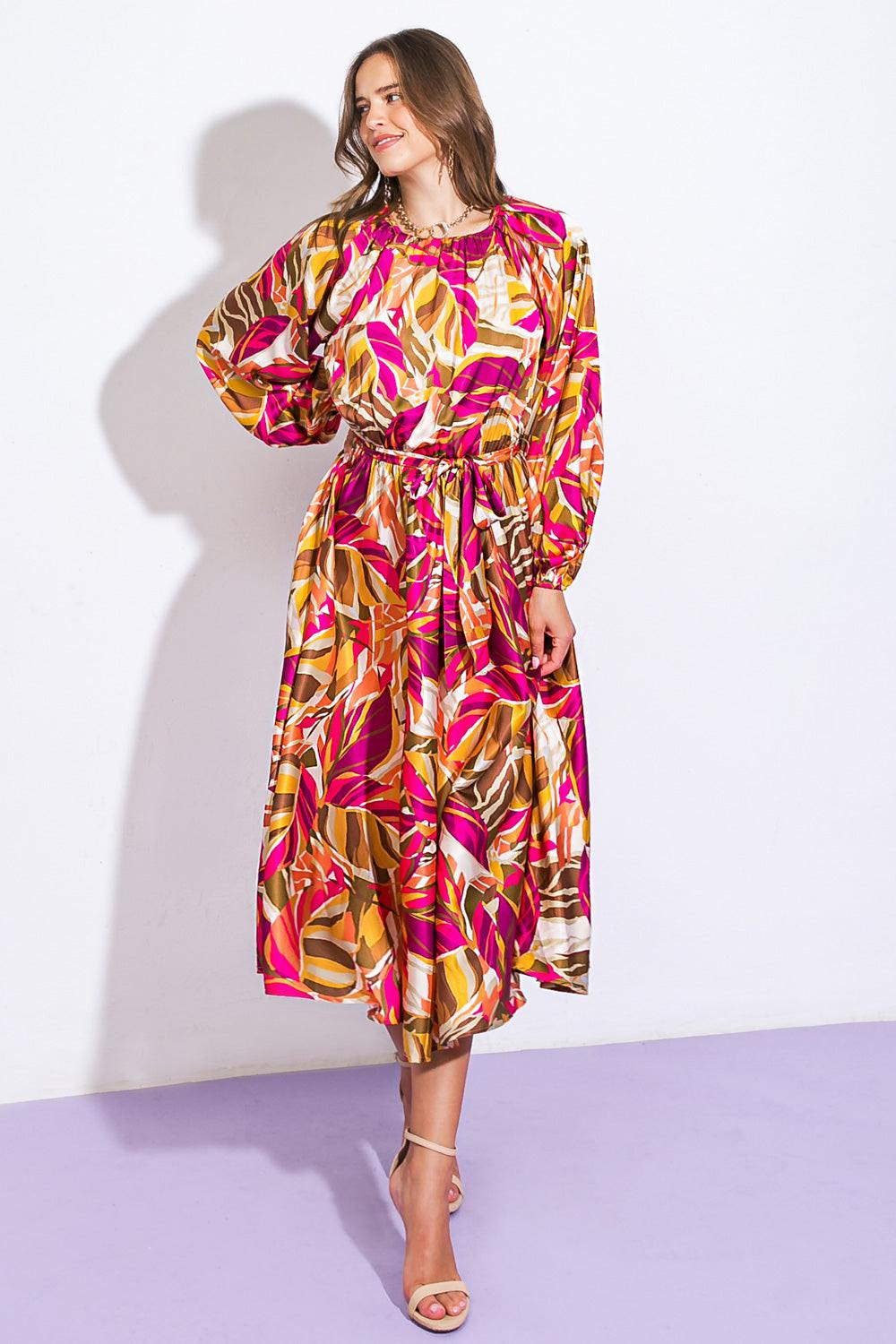 Printed Woven Midi Dress With Round Neckline And Elasticized Waist With Self Tie