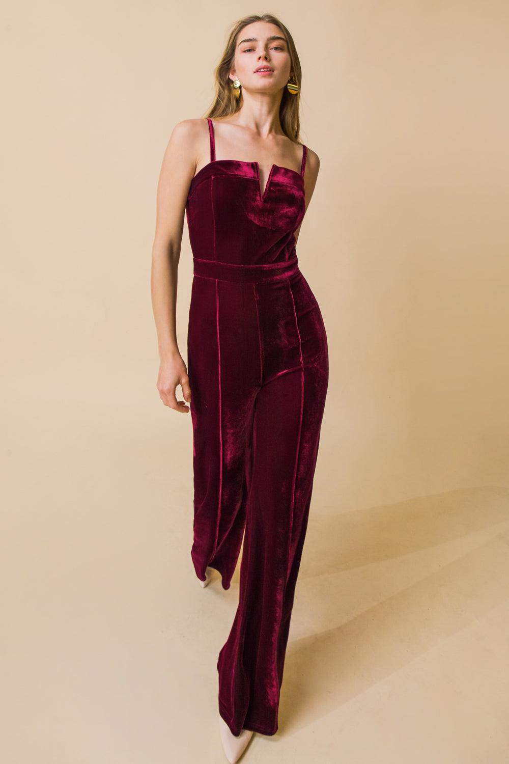 Blow A Kiss Velvet Jumpsuit With Front V Detail And Wide Leg