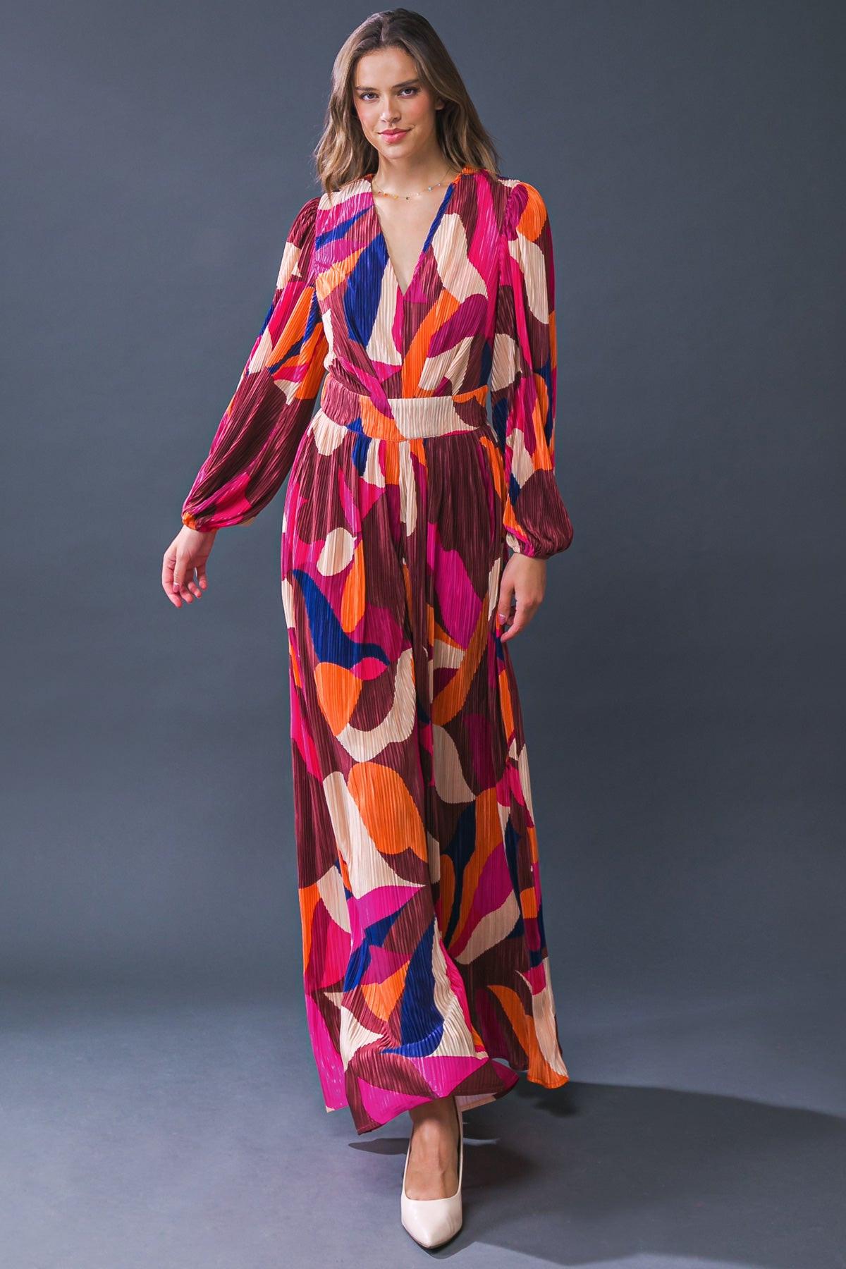 Set A Trend Printed Plisse Jumpsuit With V Neckline Back Zipper For Night Out