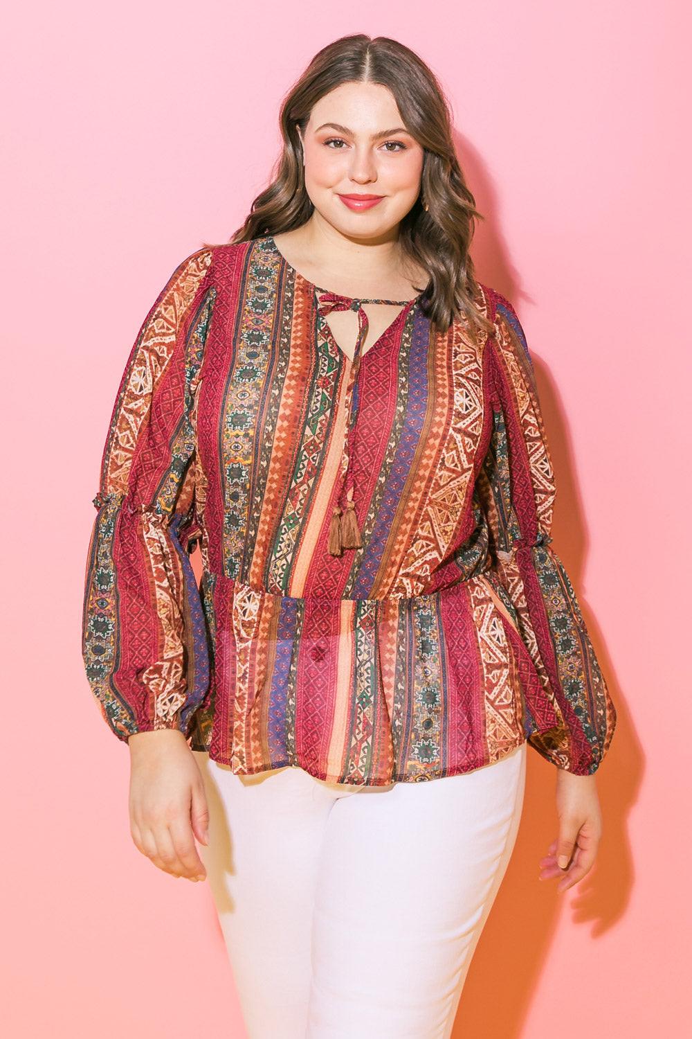 Thrilled For This Woven Top With Printed Peplum And Tassel Tie Polyester Fabric