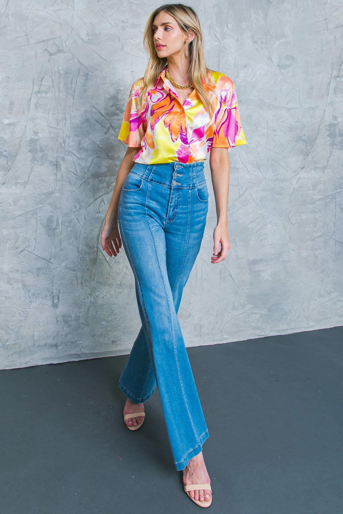 Hello Aroha Satin Printed Woven Top Short Sleeve Button Front Collar