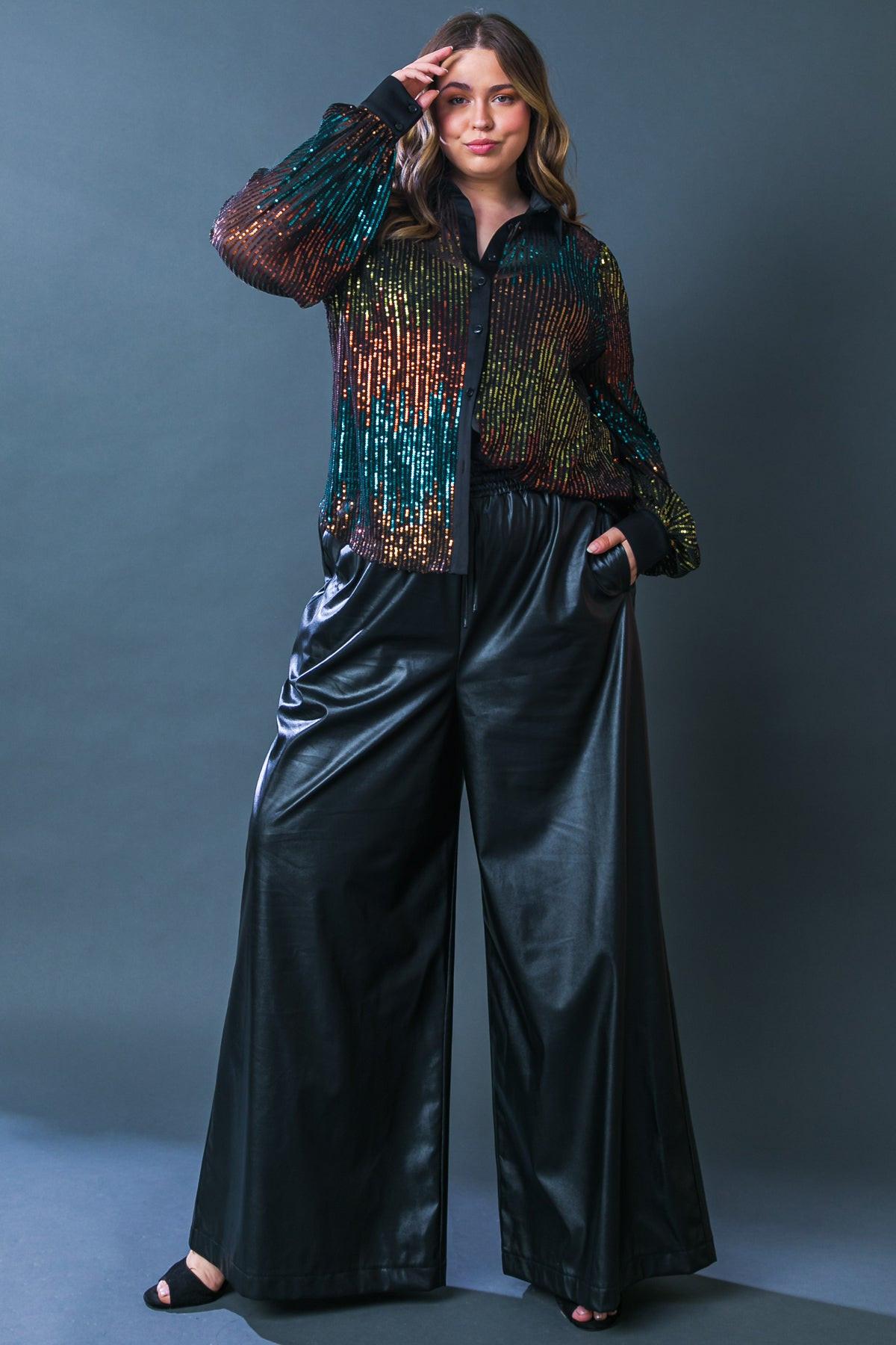 Cause a Commotion Sequin Blouse with Shirt Collar and Button Front