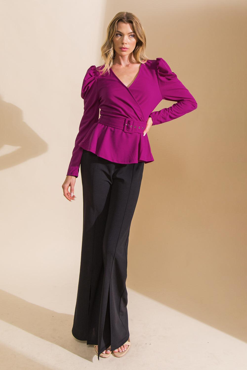 Stay With Me Woven Top Surplice Neckline Puff Sleeve Self Belt