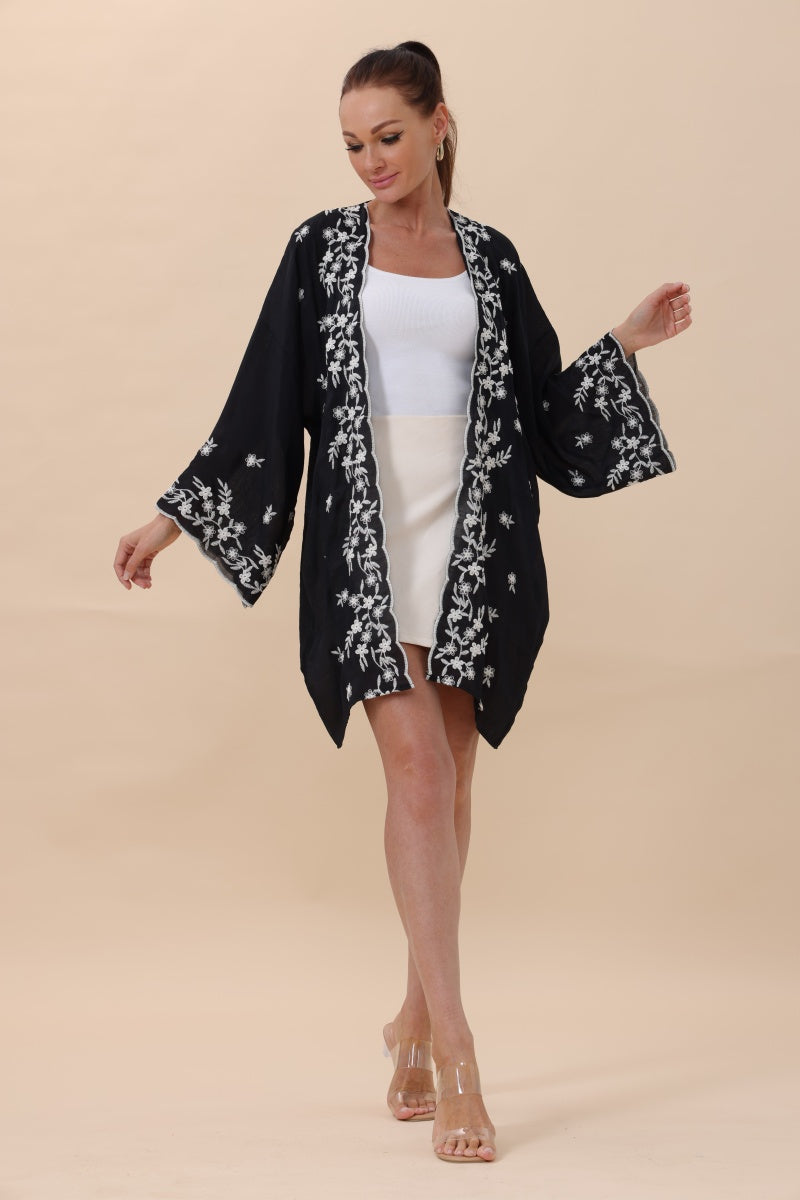 Floral Embroidered Open Front Kimono Cardigan – Lightweight-Soul Flow Apparel