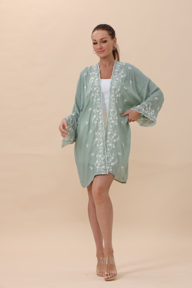 Floral Embroidered Open Front Kimono Cardigan – Lightweight-Soul Flow Apparel