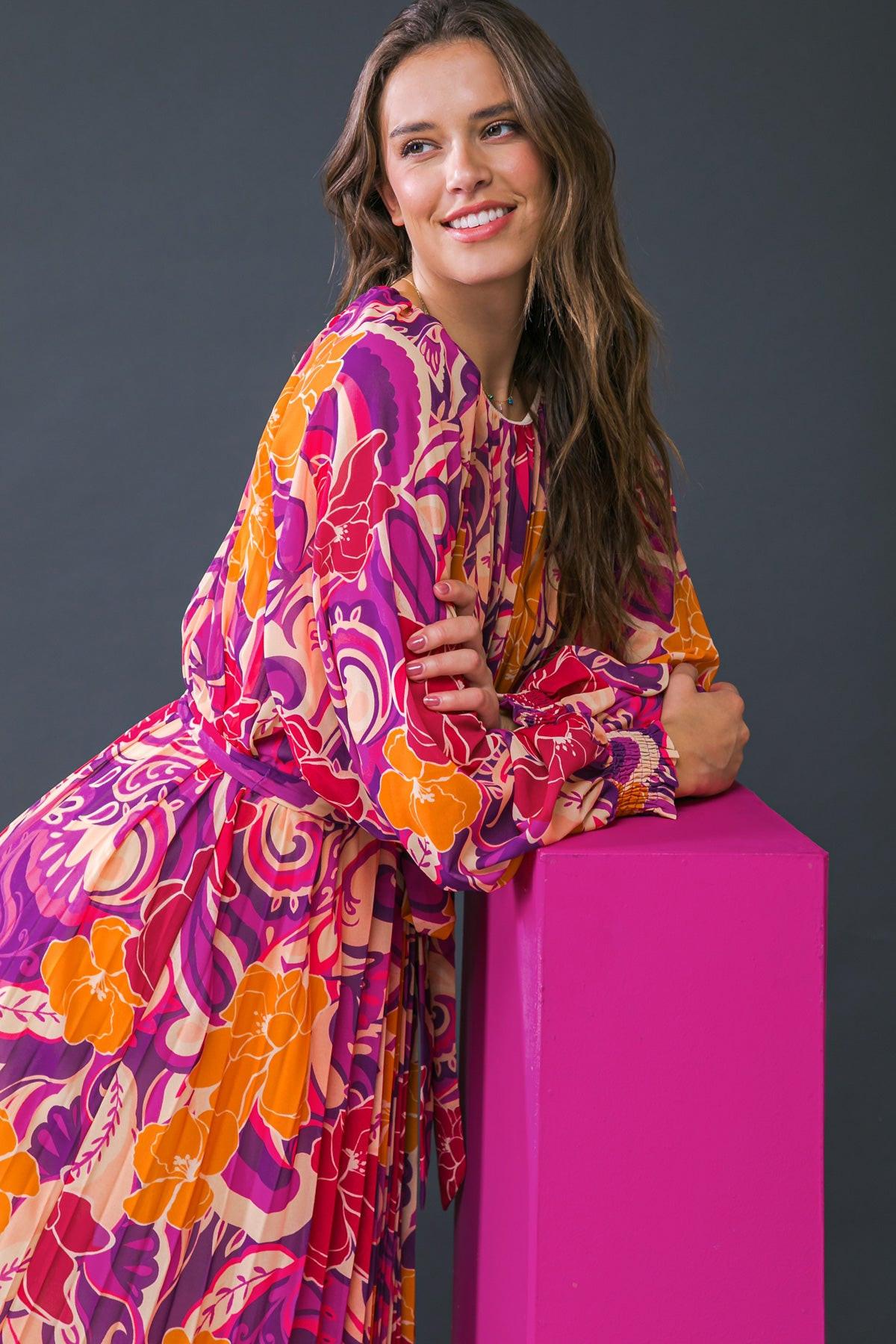 Changing Locations Printed Woven Maxi Dress Round Neckline Smocked Cuff Sleeves