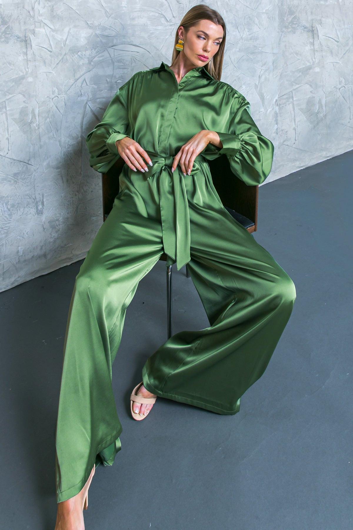Like Fine Art Satin Jumpsuit With Shirt Collar And Self Tie Belt Wide Leg