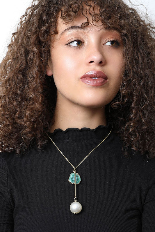 Leto Collection Boho Necklace, Boho Chic Jewelry, Spiritual green druzy and pearl pendant on gold chain