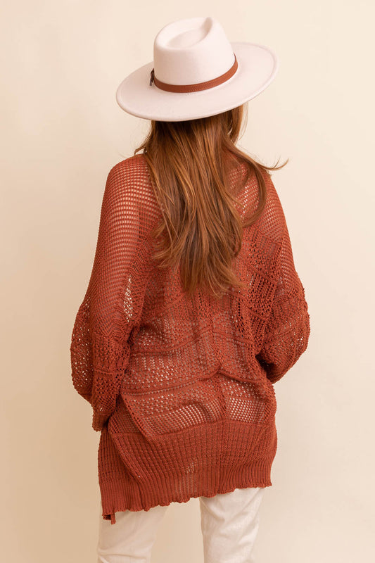 Leto Collection Boho Knit Cardigan in Rust Color with Open Weave Design and Loose Fit