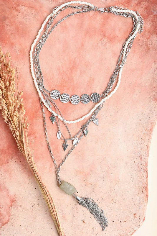 Layered silver and white beaded Boho Necklace, Boho Chic Jewelry, Spiritual with hammered coins, triangle charms and tassel