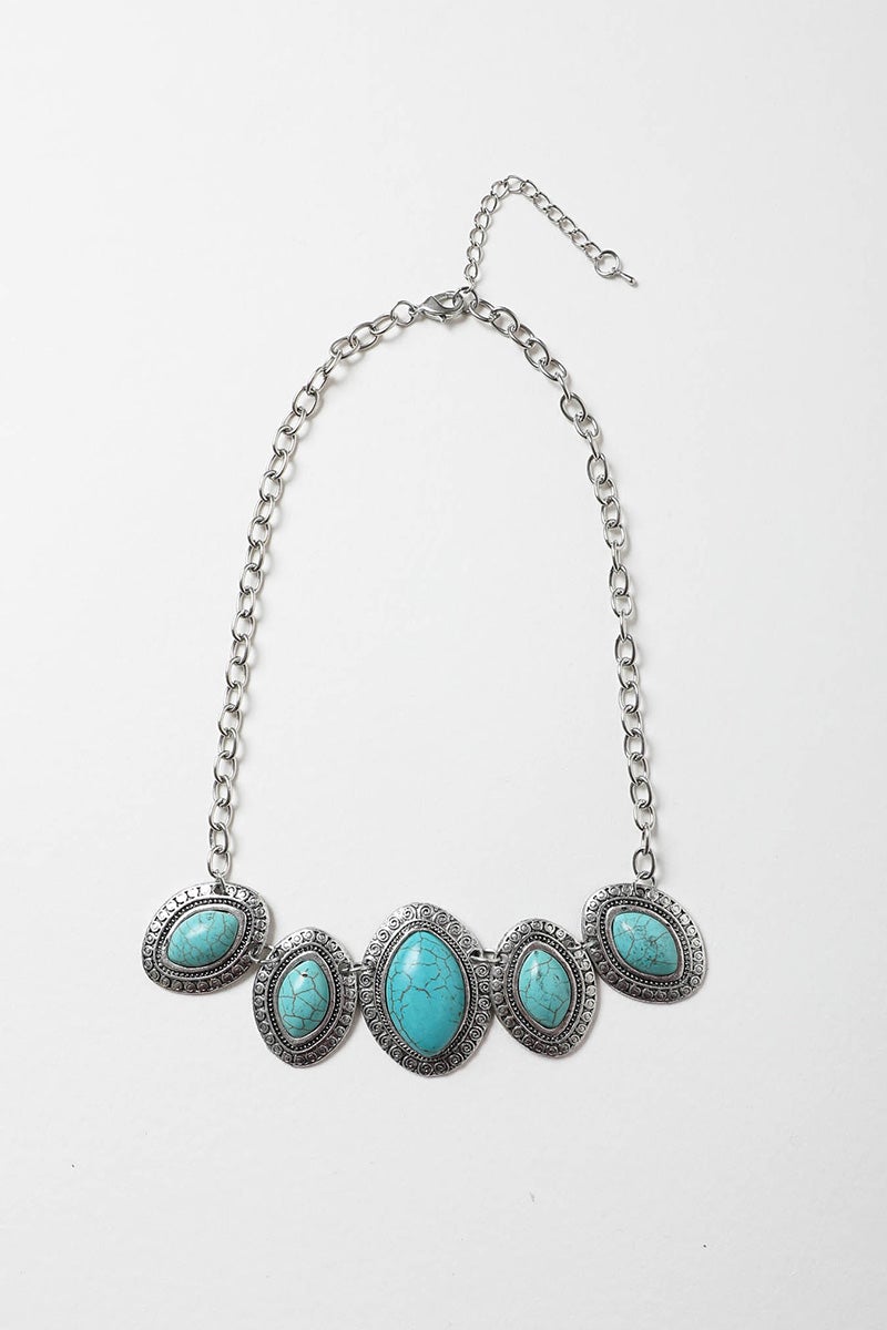 Leto Collection silver chain necklace with five turquoise stones Boho Necklace, Boho Chic Jewelry, Spiritual