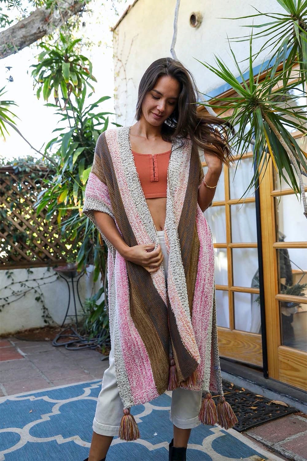 Multi-color Striped Tassel Poncho-Soul Flow Apparel