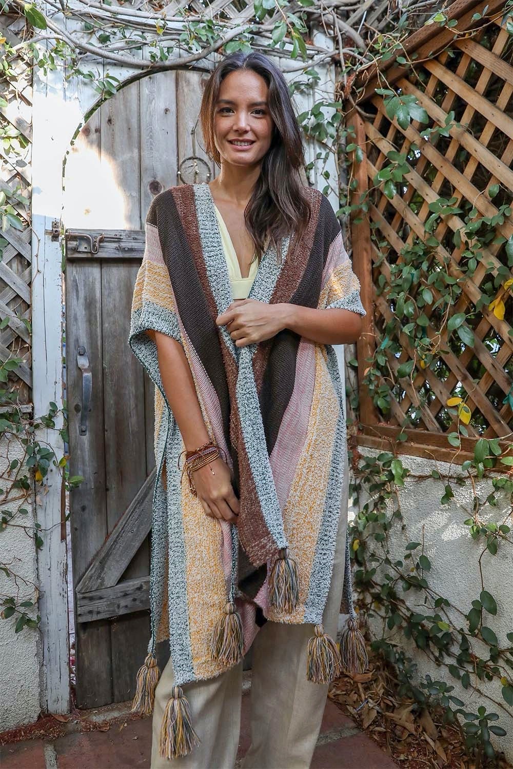Multi-color Striped Tassel Poncho-Soul Flow Apparel