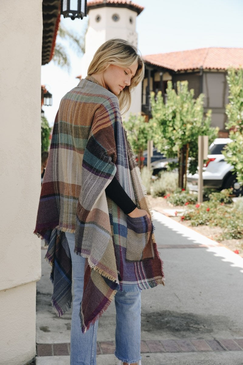Multicolor Plaid Pocket Ruana-Soul Flow Apparel