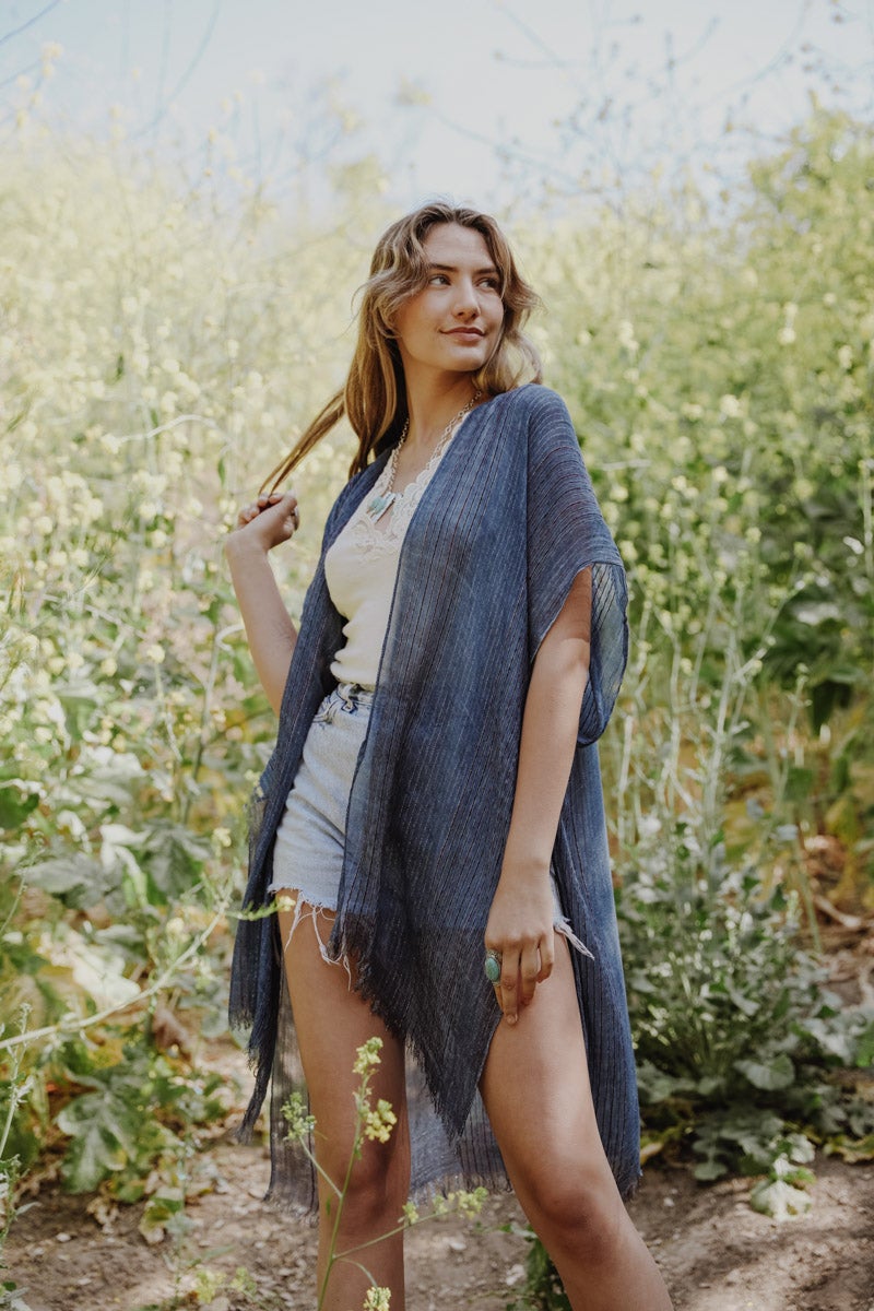 Pencil Stripe Lurex Trim Kimono-Soul Flow Apparel