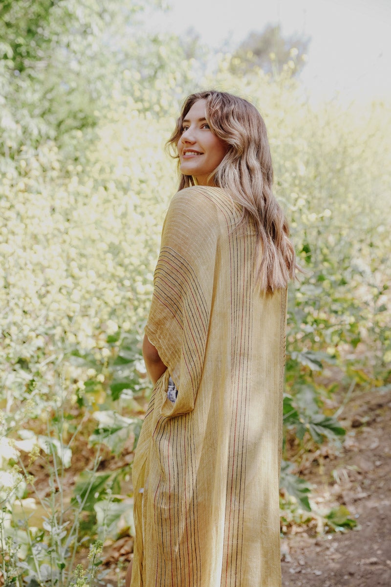 Pencil Stripe Lurex Trim Kimono-Soul Flow Apparel