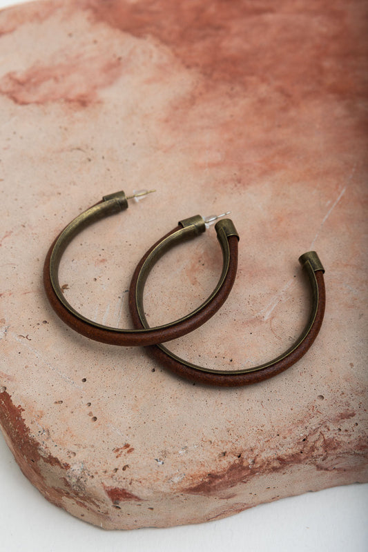 Rustic Charm Leather & Brass Hoop Earrings-Soul Flow Apparel
