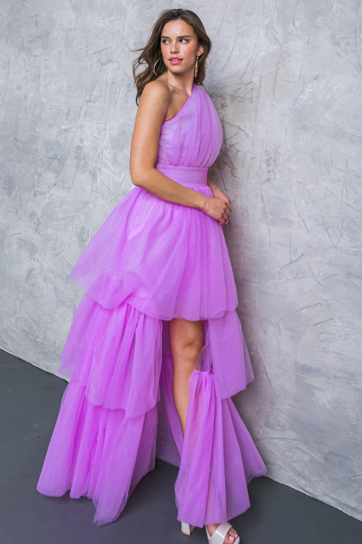 One Shoulder Maxi Dress With Layered Tulle Skirt And Side Zipper Closure