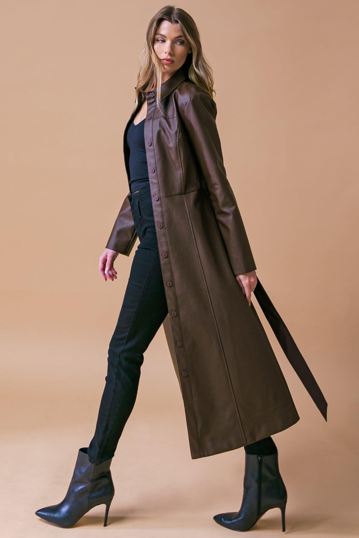 Wonderful Day Faux Leather Midi Coat With Button Down Detailing And Sash Tie