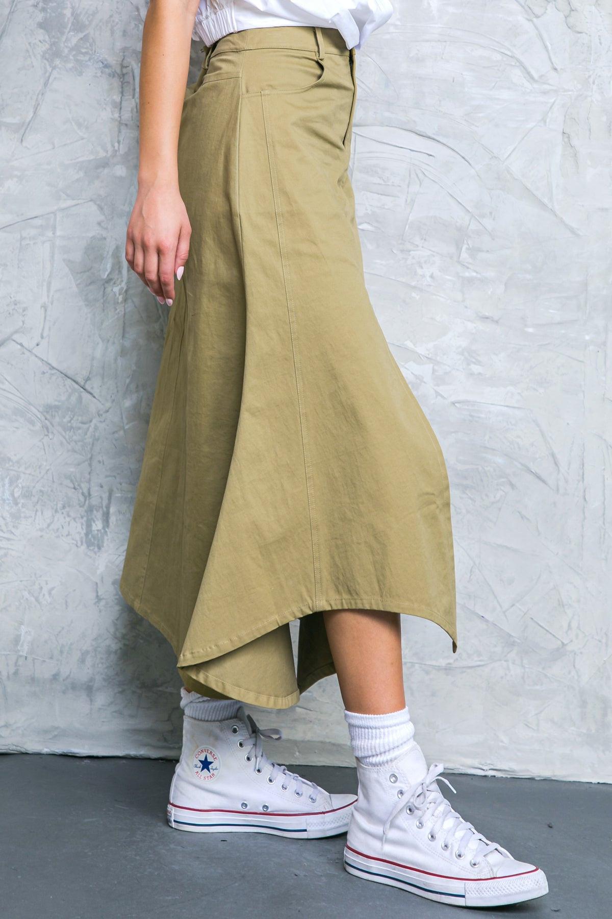 Complete Crush Twill Midi Skirt With Front Slit And Side Pockets