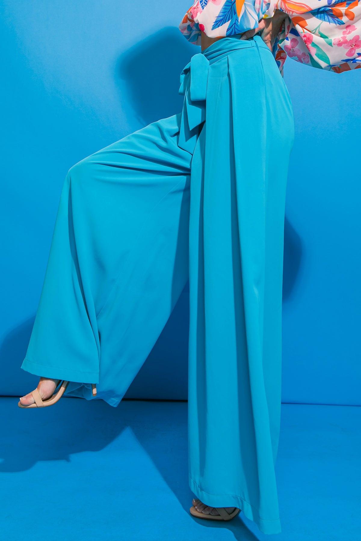 Rumor Going Around Woven Pants Pleated Front Self Tie Waist Wide Leg Side Zipper