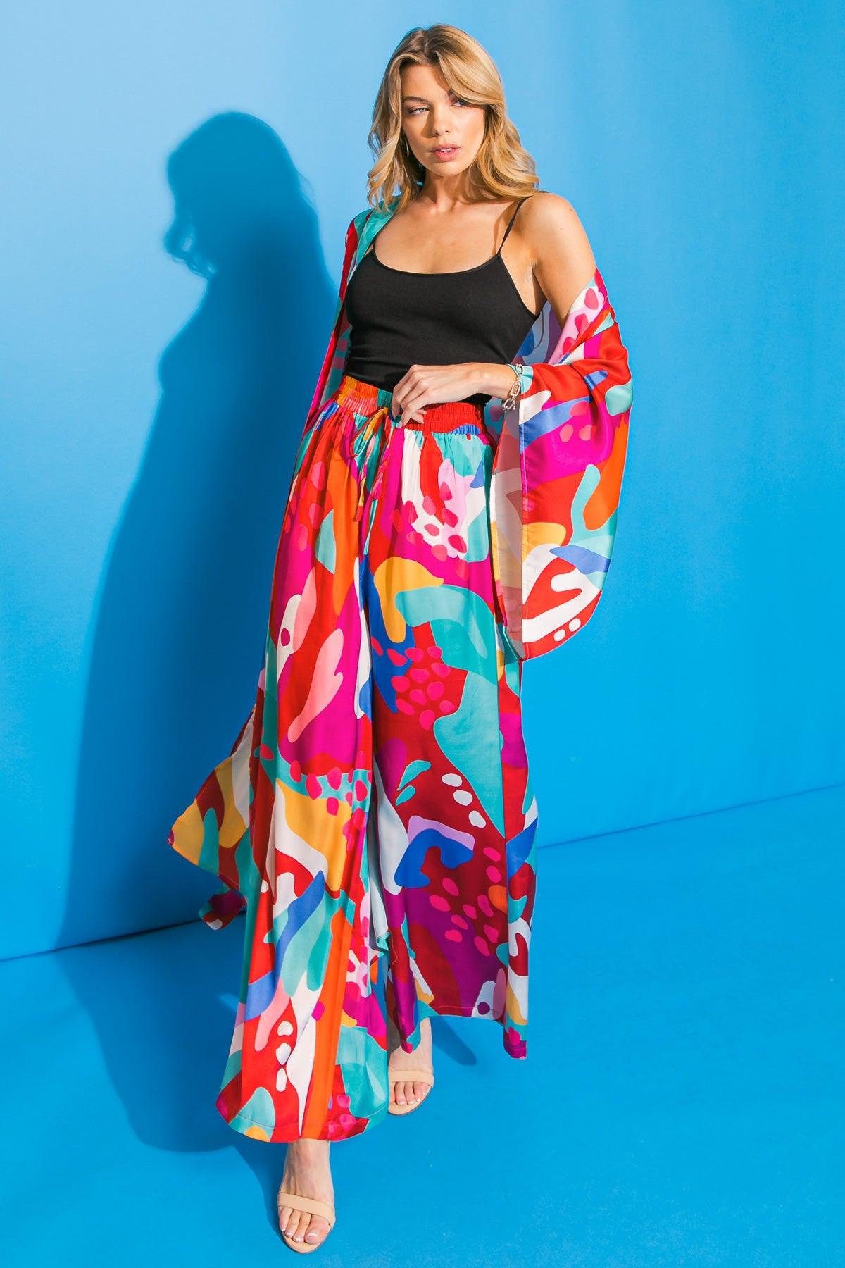 Cancun Getaway Satin Pants With Elastic Waist And Wide Leg Silhouette