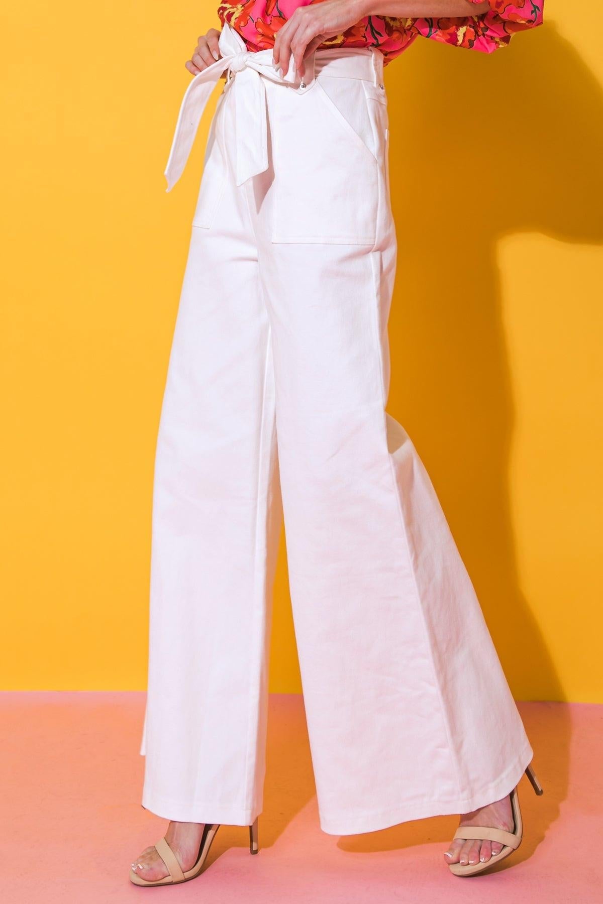 Just Say Yes Cotton Twill Pants With Self Tie Belt And Wide Leg