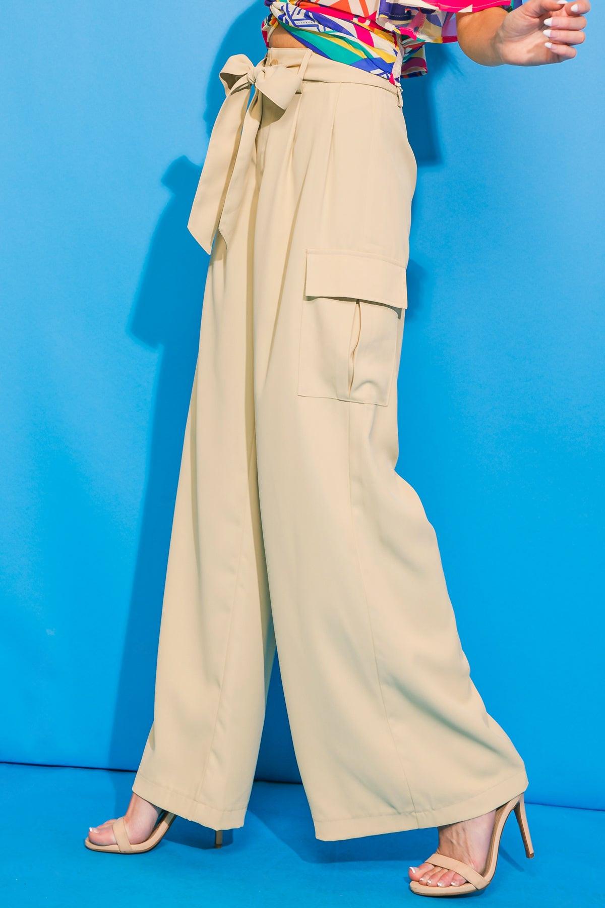 A Good Woman Woven Pants With Front Closure Self Sash Belt And Cargo Pockets