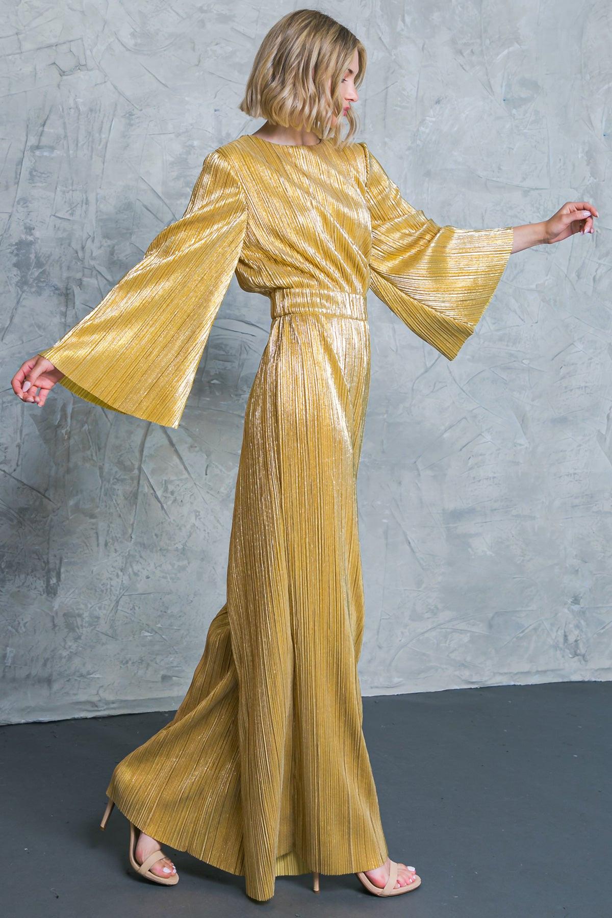 Dare To Dazzle Plisse Jumpsuit With Bell Sleeves Wide Legs