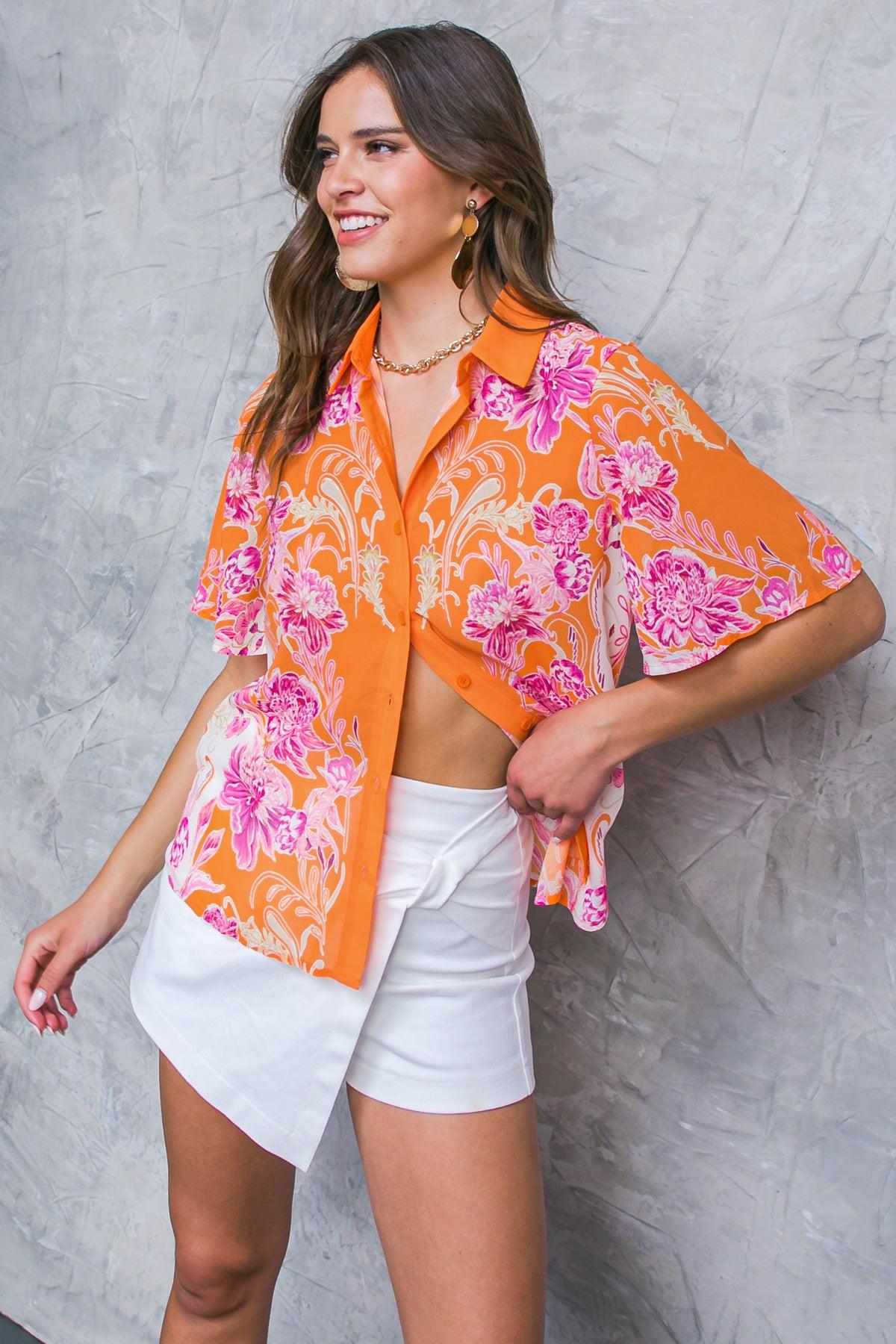 Flourishing Dreams Woven Top Printed Collared Button Down Short Sleeve