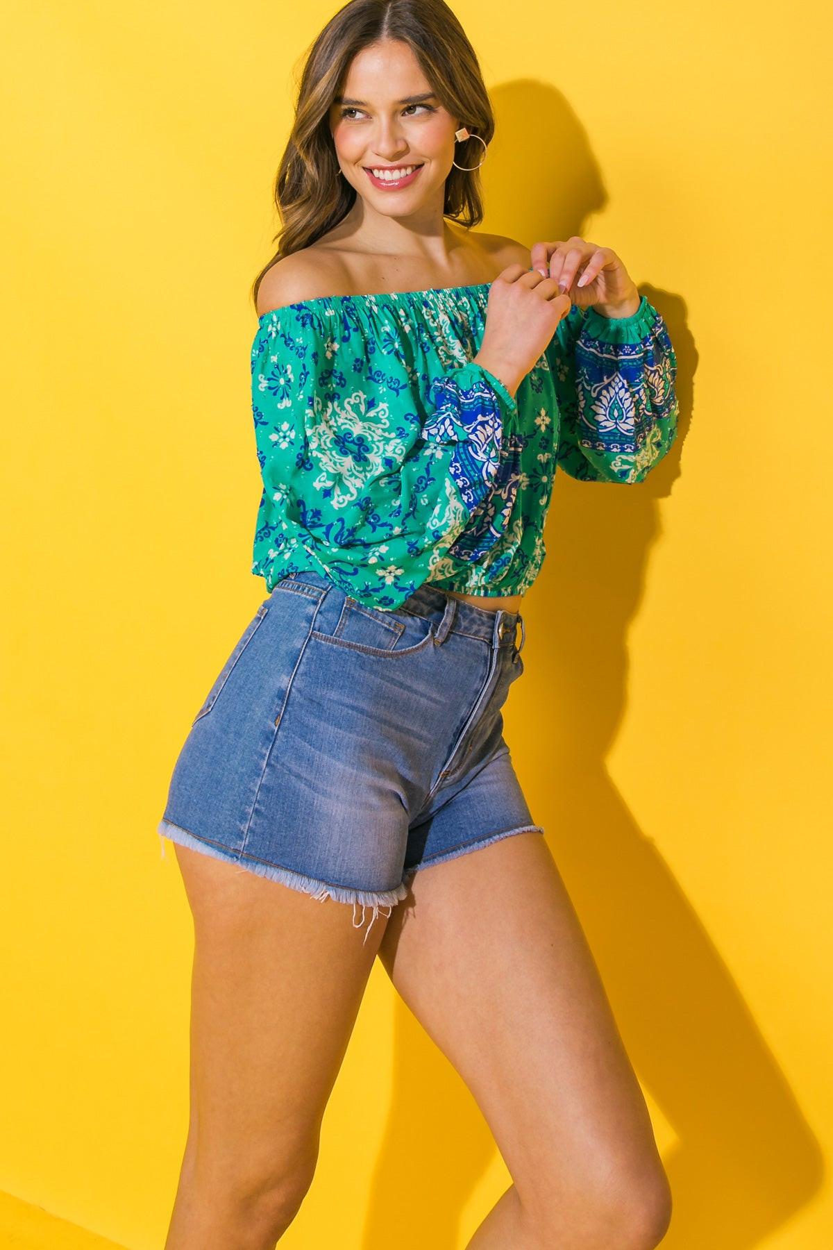 Send My Love Woven Top Off Shoulder Printed Peasant Sleeve Elastic Waist