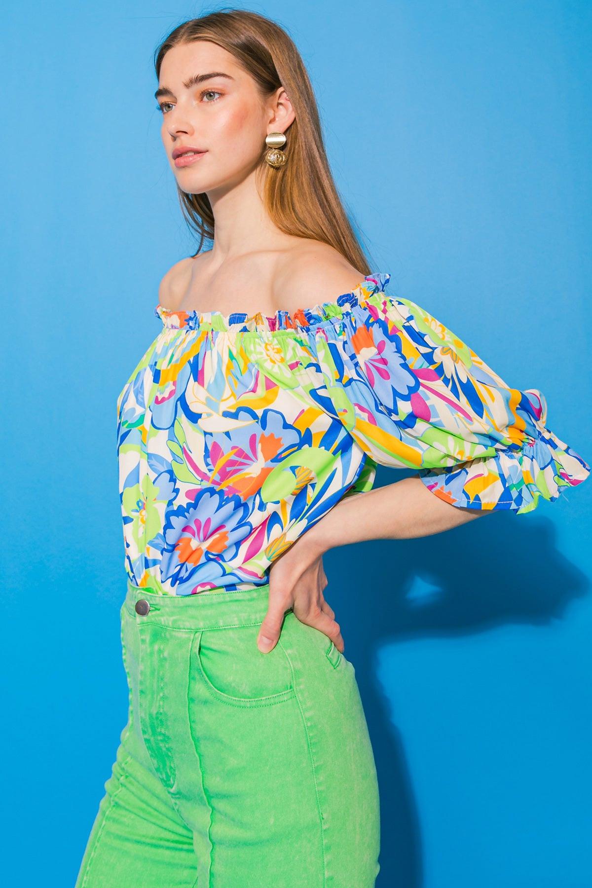 Last Photograph Printed Off Shoulder Woven Top With Ruffle Edge
