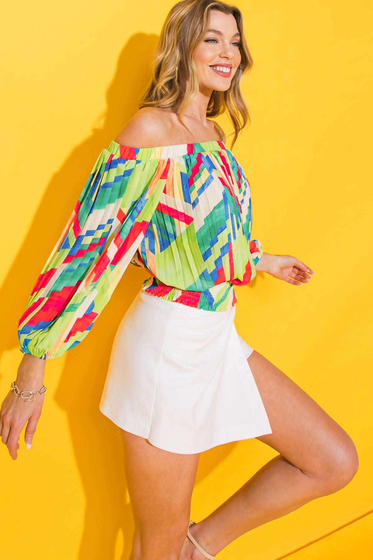 Printed Woven Top With Off Shoulder Neckline Pleated Body Smocked Waist