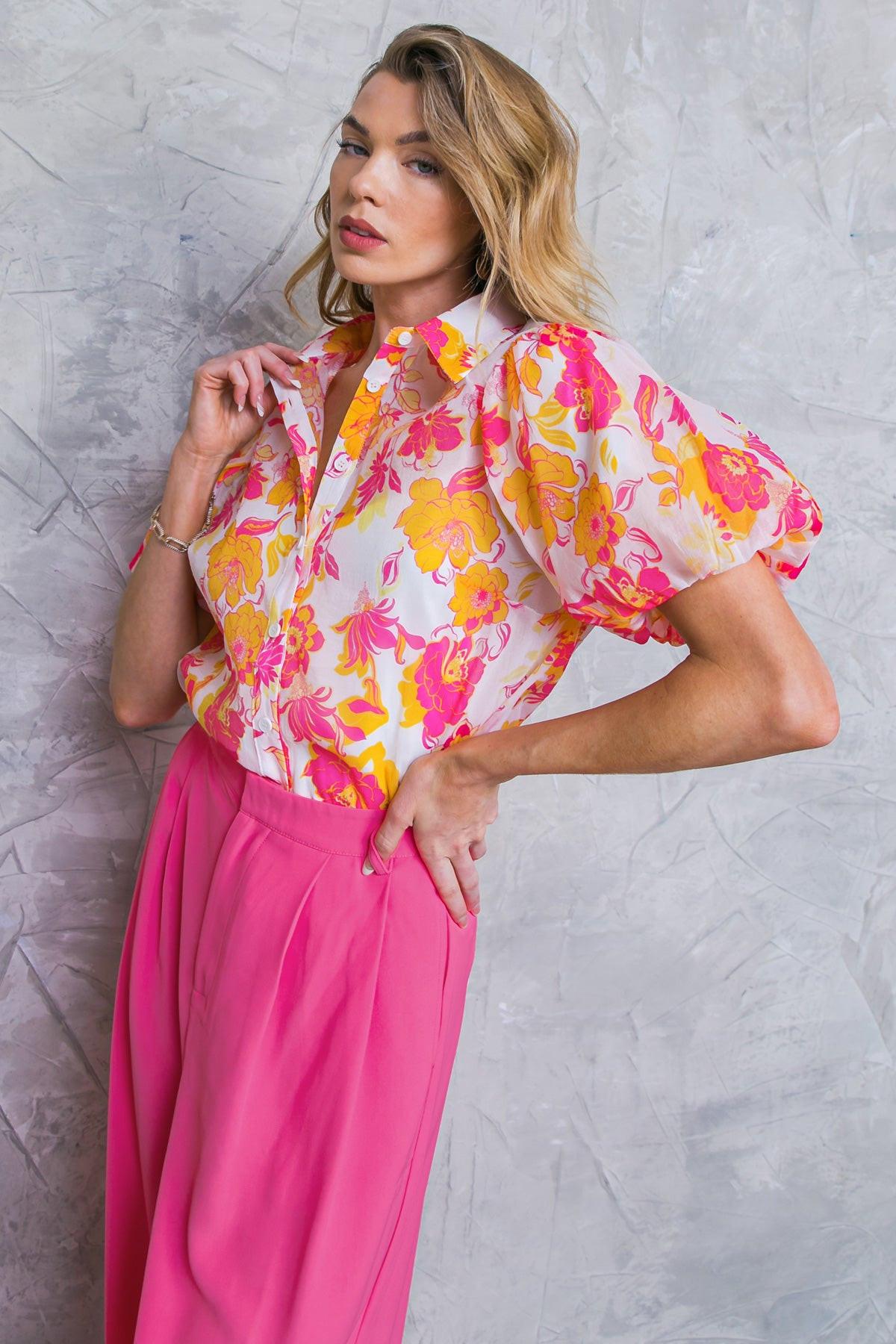 Effortless Outlook Woven Top With Shirt Collar Puff Sleeves Print Cami Included
