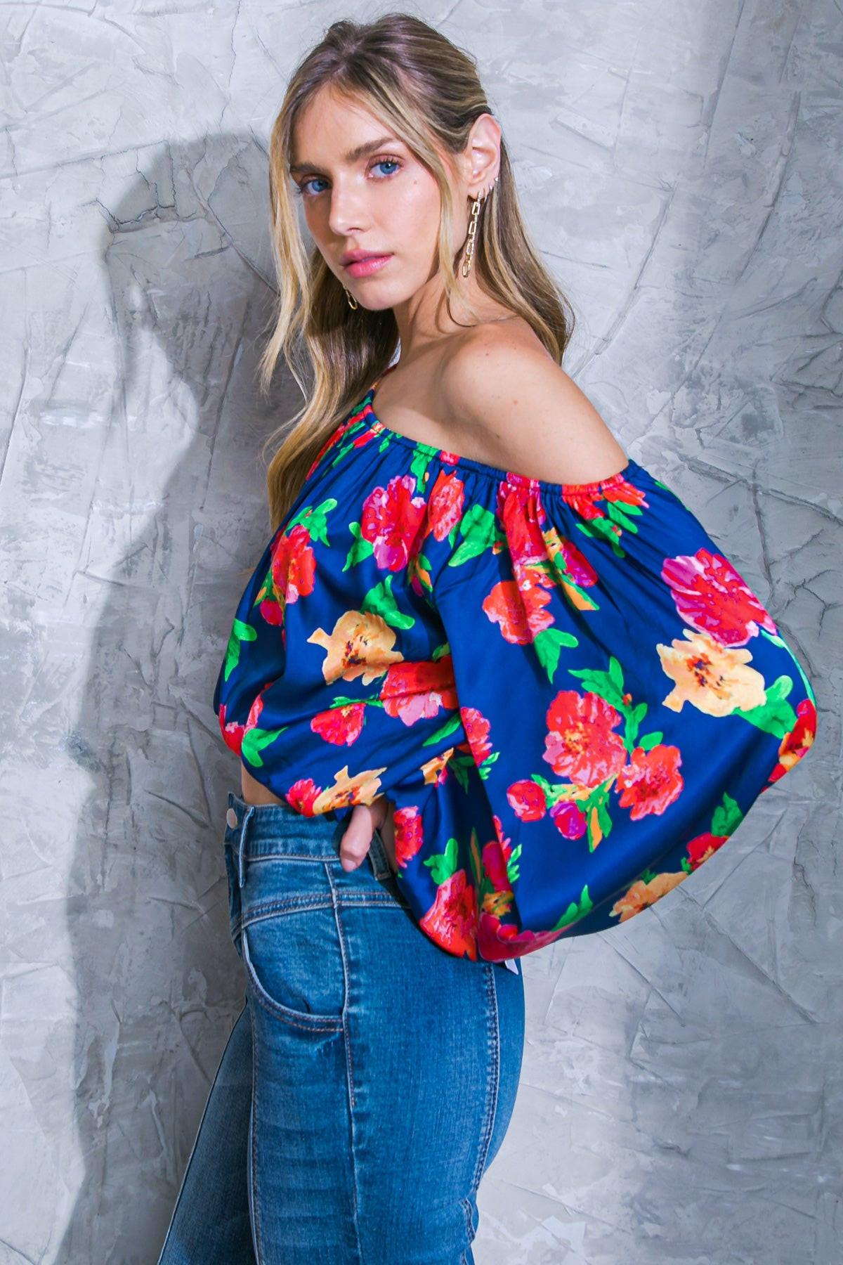 Unforgettable Muse Woven Top Off Shoulder Printed Long Sleeve Elasticized Waist