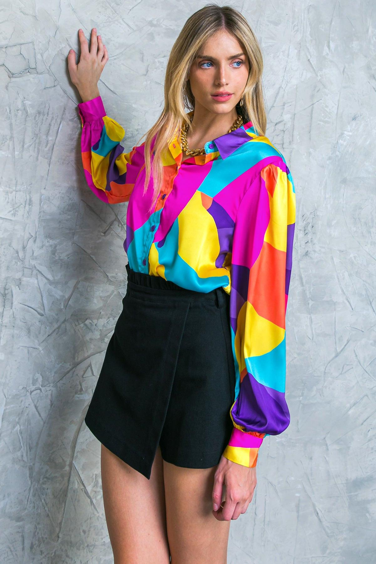 Follow the Flow Woven Top Printed Button Down Shirt With Long Sleeves