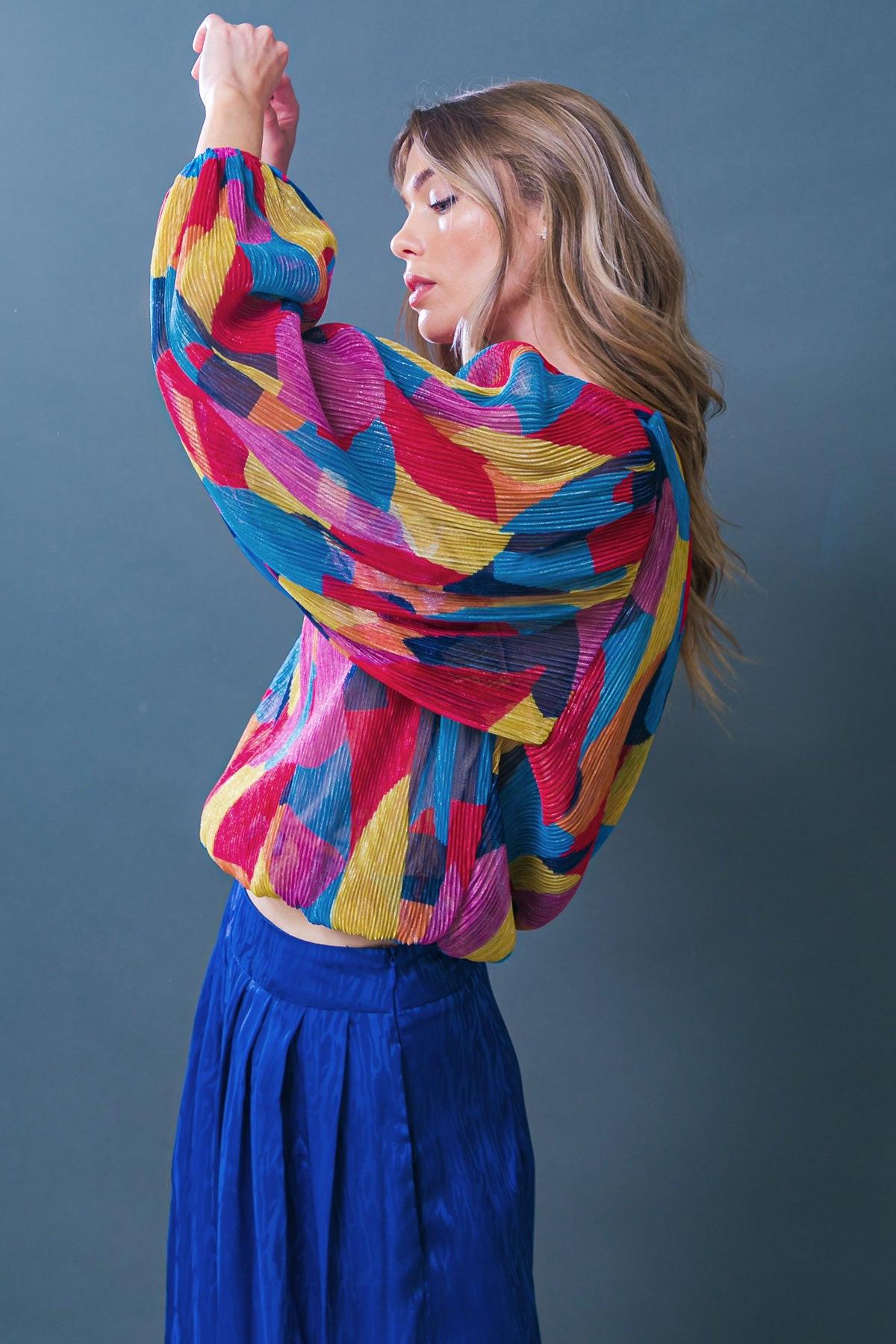 Feeling Delightful Printed Crinkled Woven Top With Round Neck And Long Sleeves