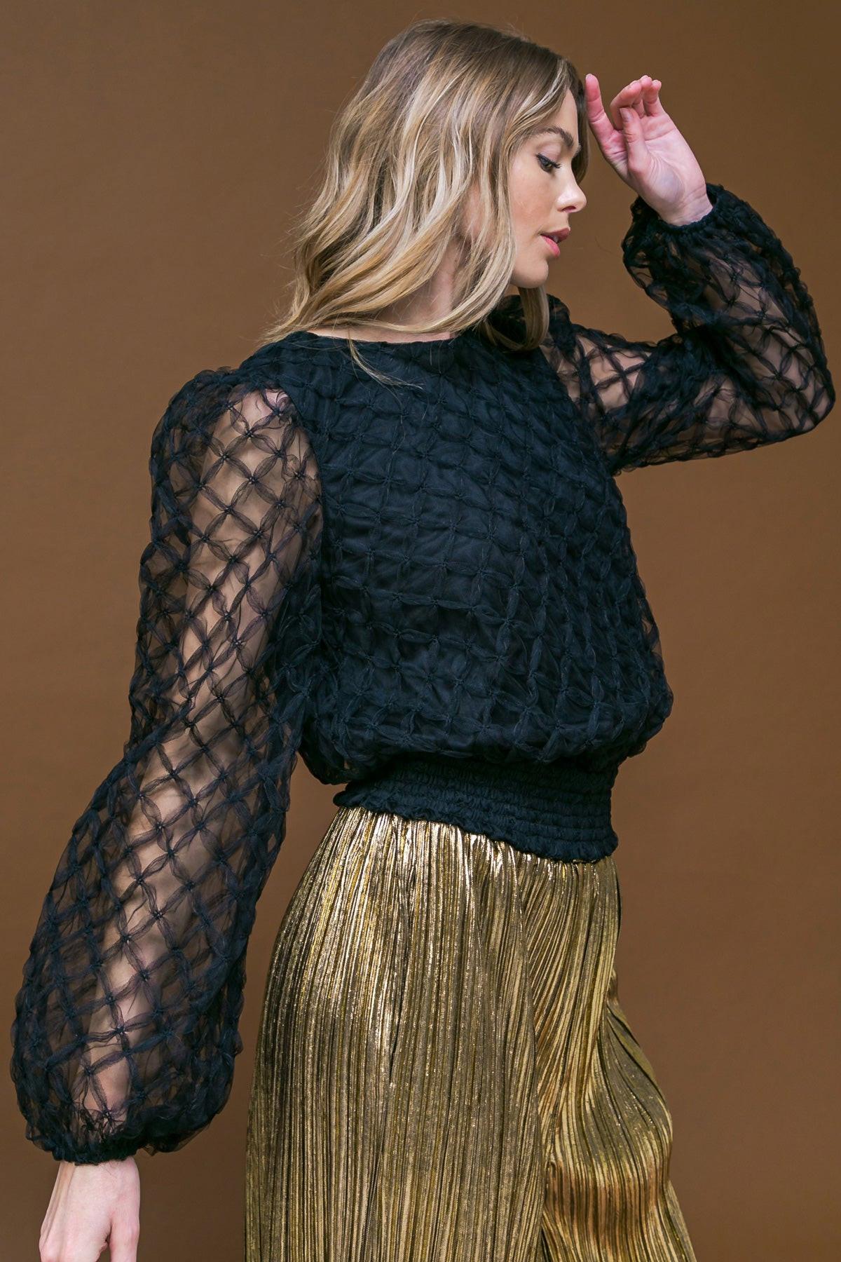 Sweetly Captivating Woven Top With Round Neck Long Sleeve Smocked Waistband