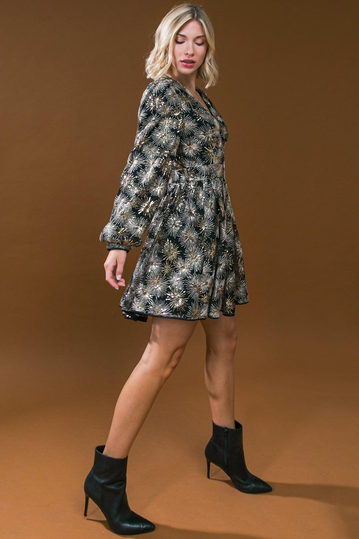 Sequined Mini Dress With Surplice Neckline And Puff Sleeves