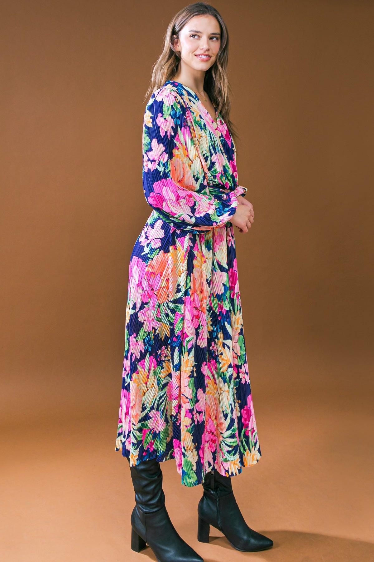 Breathtaking Moment Printed Plisse Midi Dress Surplice Neckline Long Sleeve