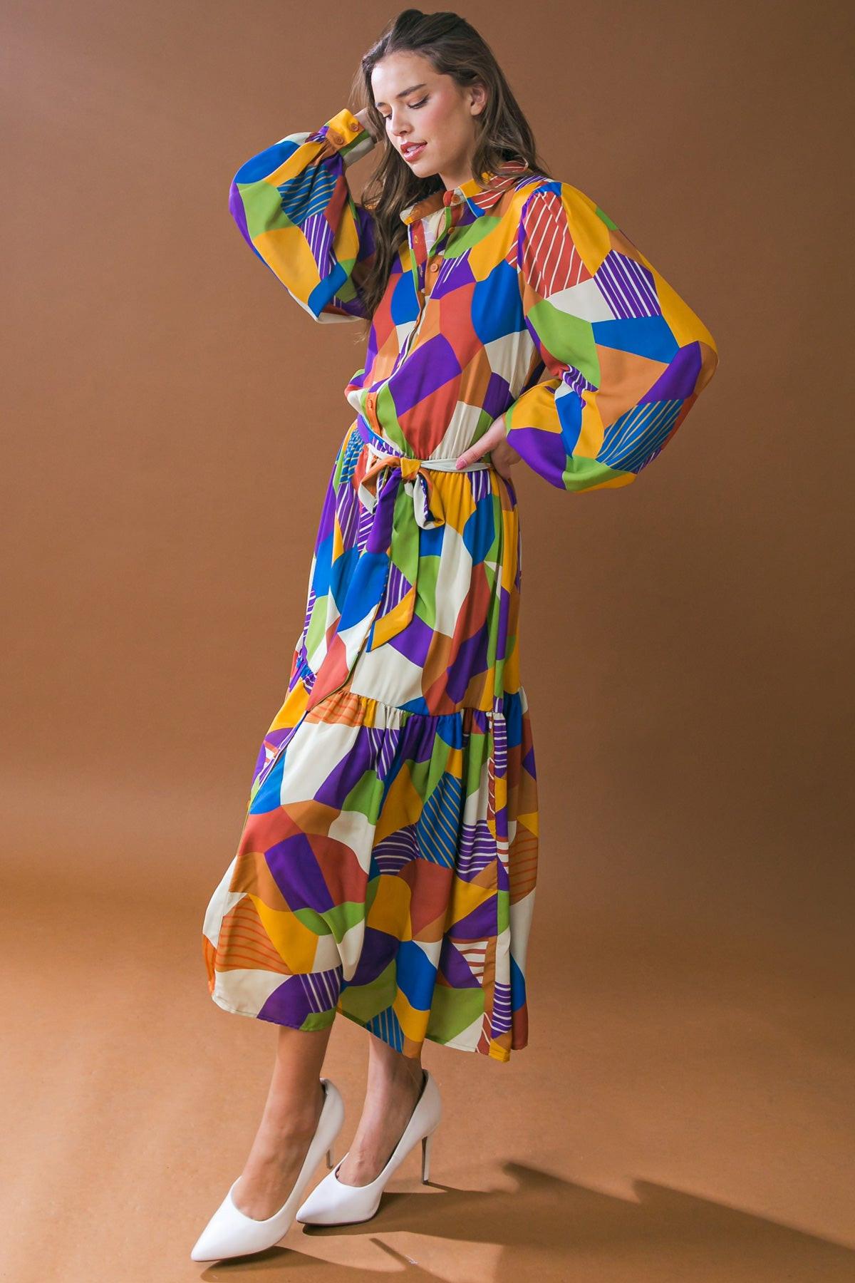 Remarkable Flair Printed Woven Midi Dress With Shirt Collar And Self Tie