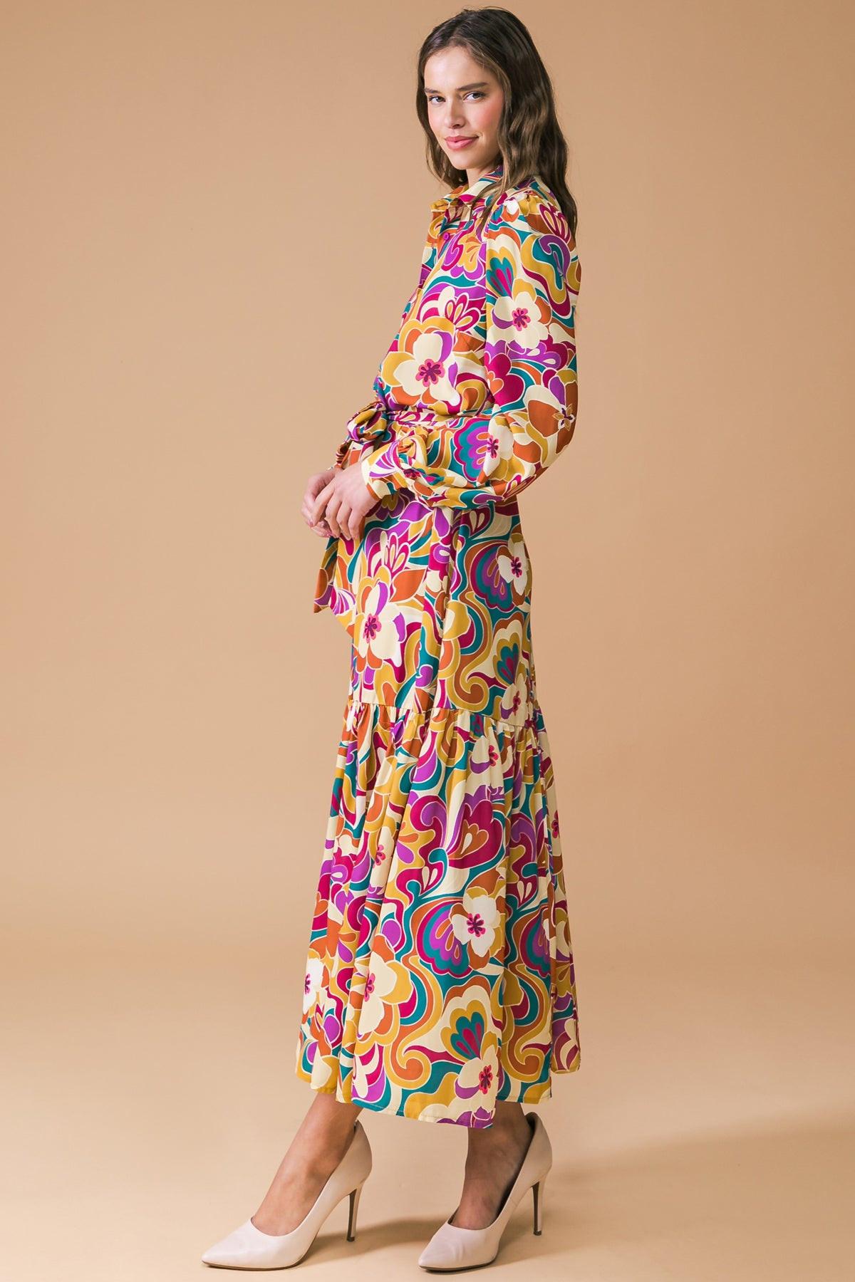 Printed Woven Midi Dress With Shirt Collar And Long Sleeves