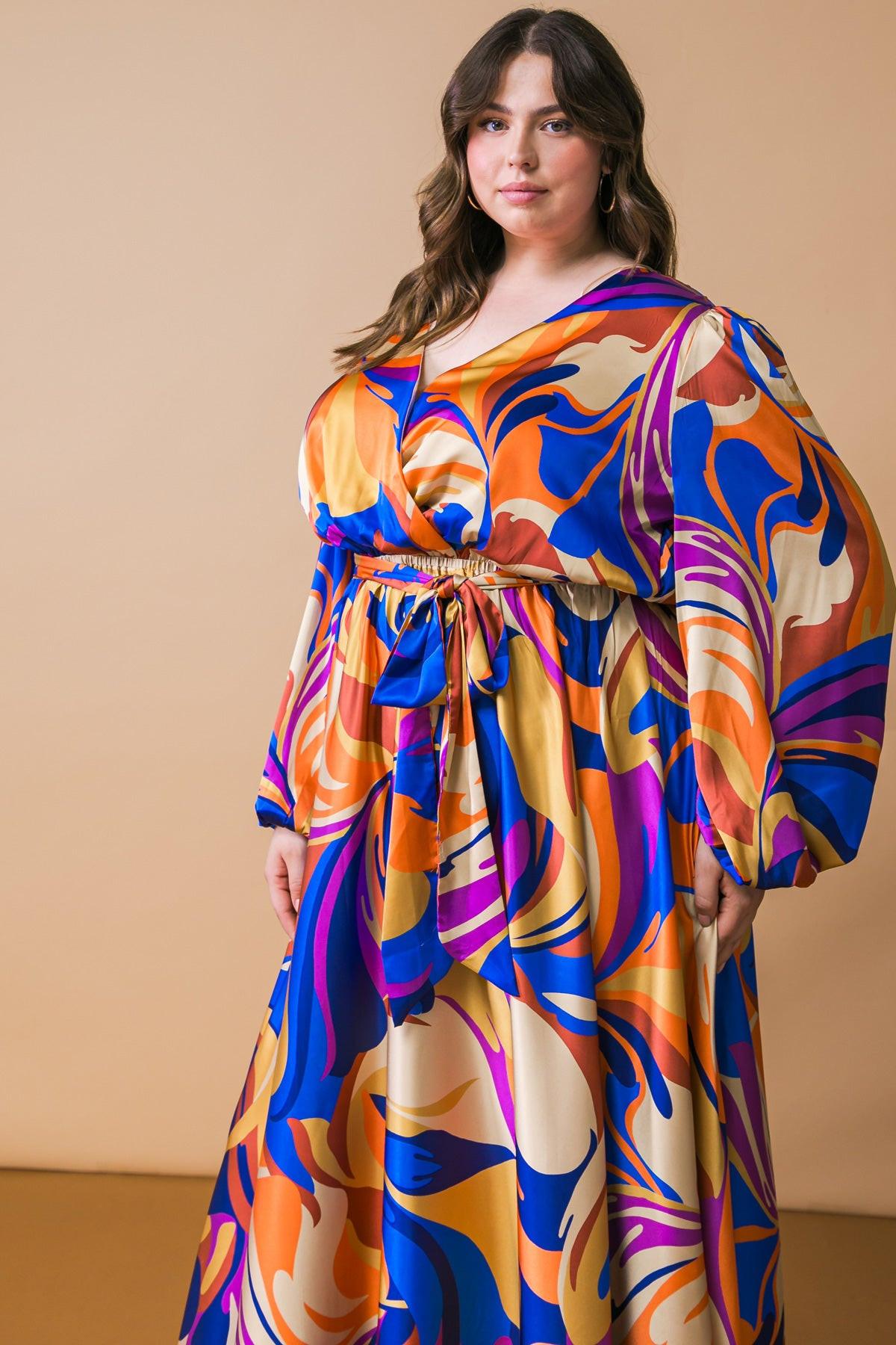 Bold Adventures Woven Satin Midi Dress With Surplice Neckline And Puff Sleeves