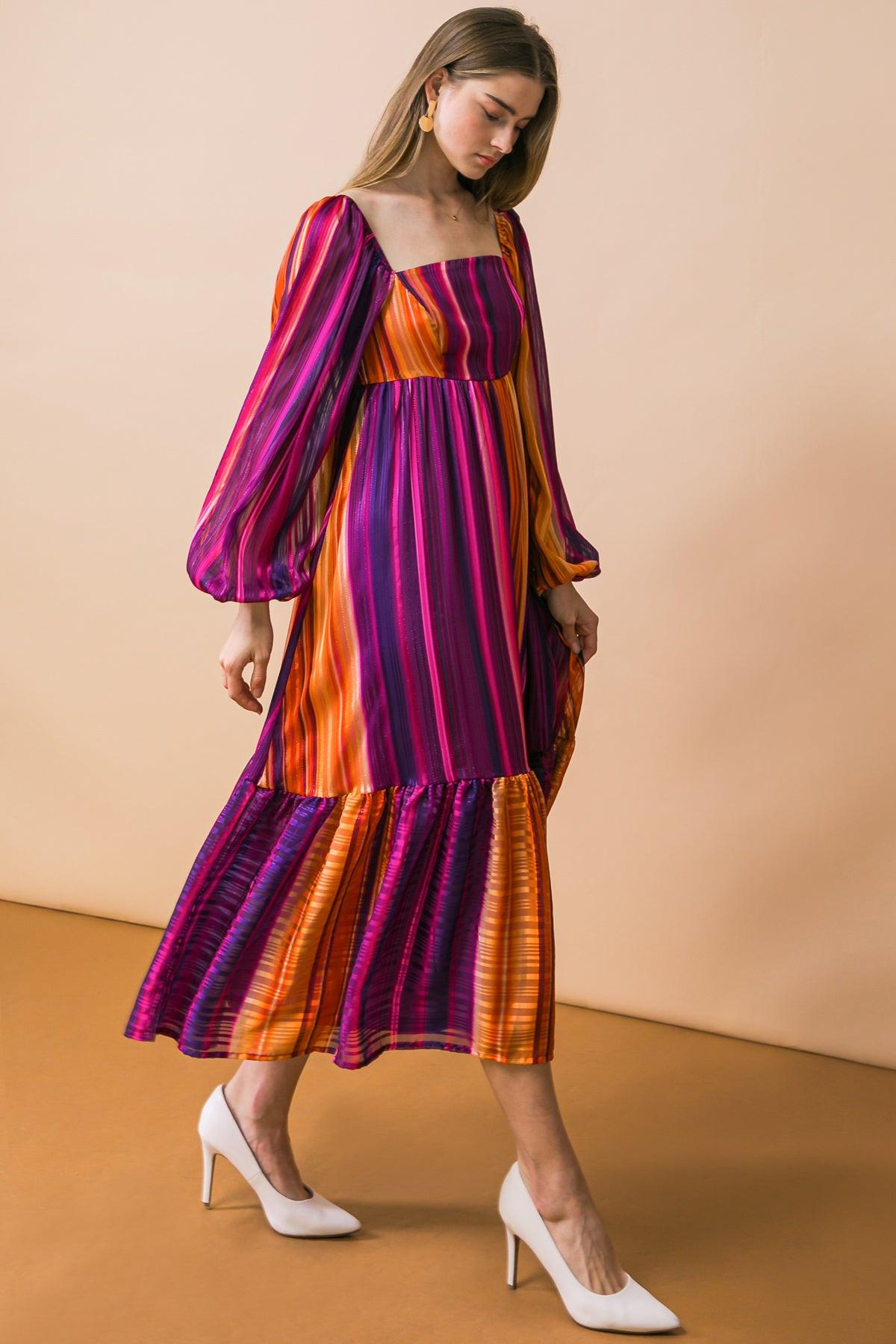 Everything You Needed Woven Midi Dress Printed Square Neckline Long Sleeve