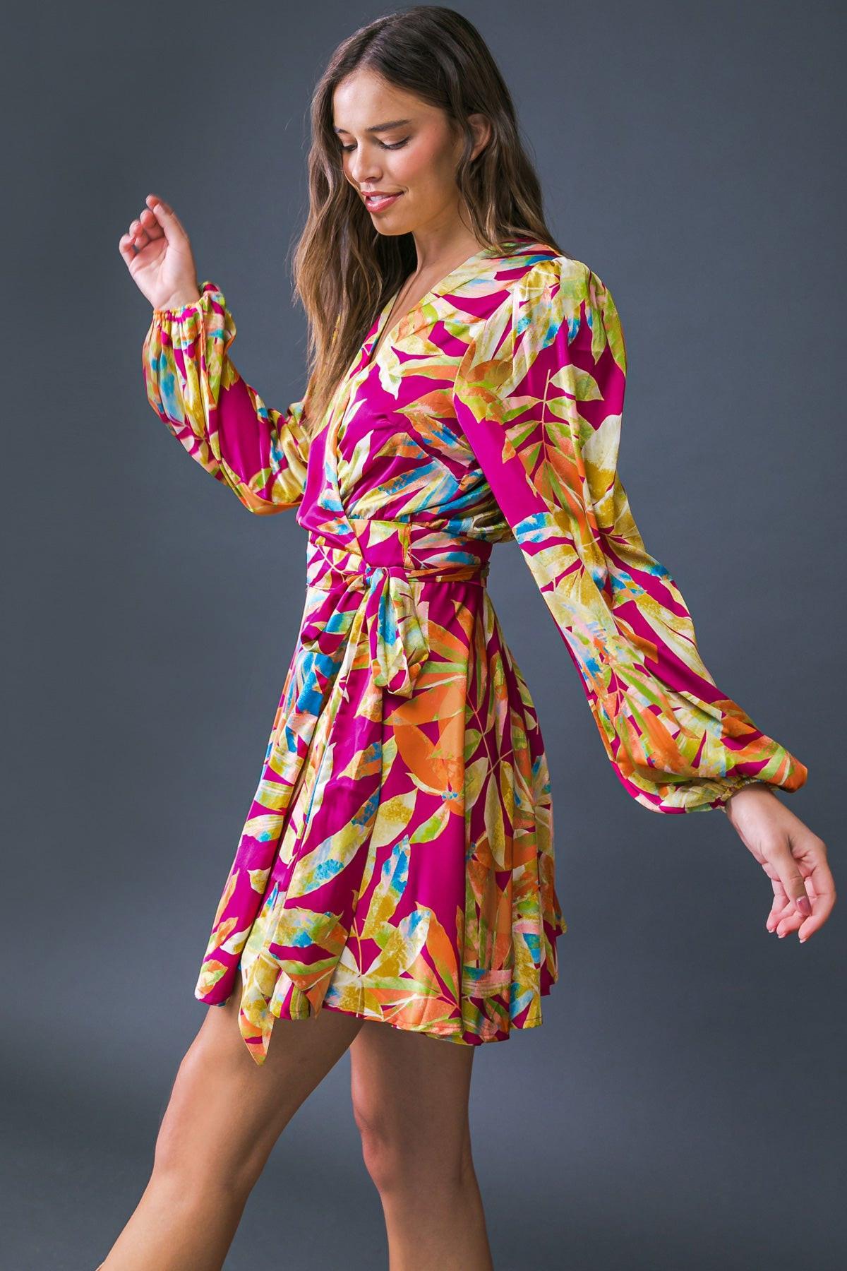 All Fall Long Printed Woven Mini Dress Surplice Neckline Long Sleeve Wrap Skirt