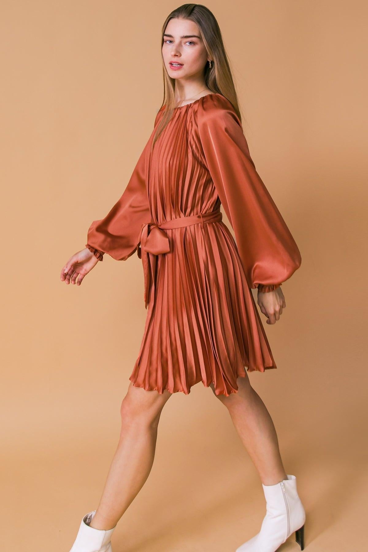 All Fall Long Woven Mini Dress With Round Neckline And Sash Tie