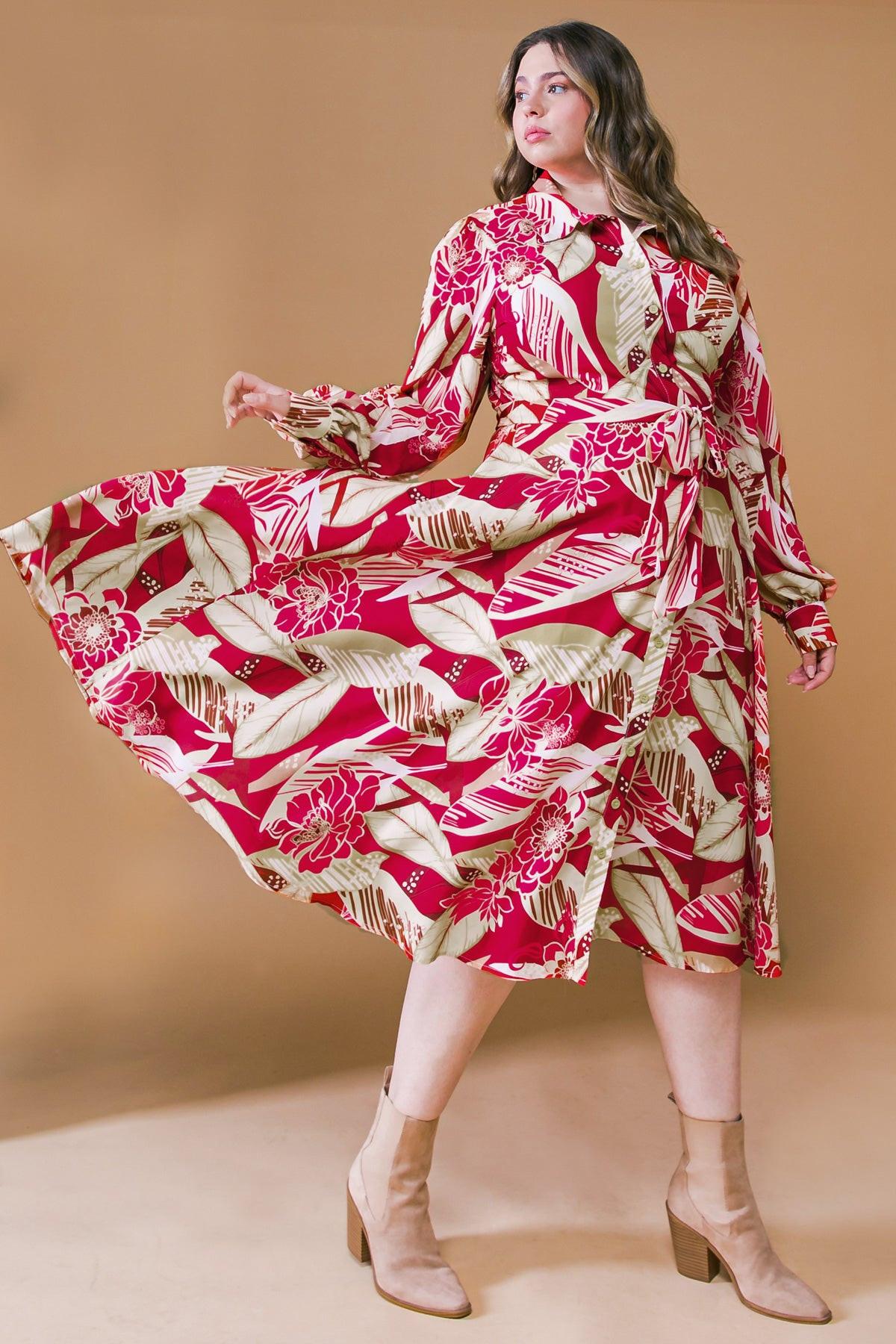 Heart Of Woven Midi Dress With Shirt Collar Button Front And Self Tie