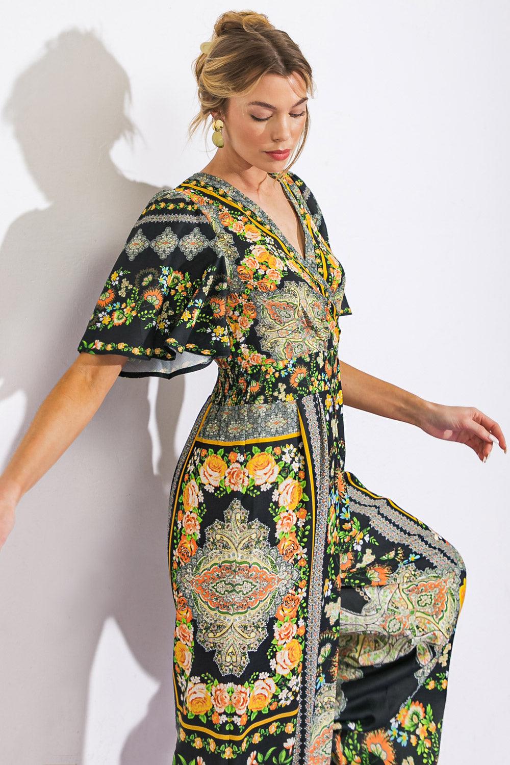 Coastal Breeze Woven Jumpsuit With Surplice Neckline And Tie Back Wide Legs