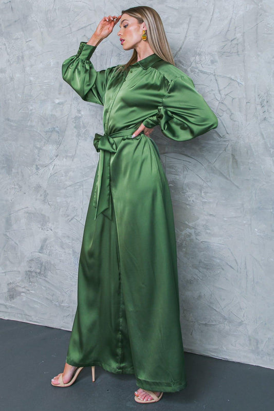 Like Fine Art Satin Jumpsuit With Shirt Collar And Self Tie Belt Wide Leg